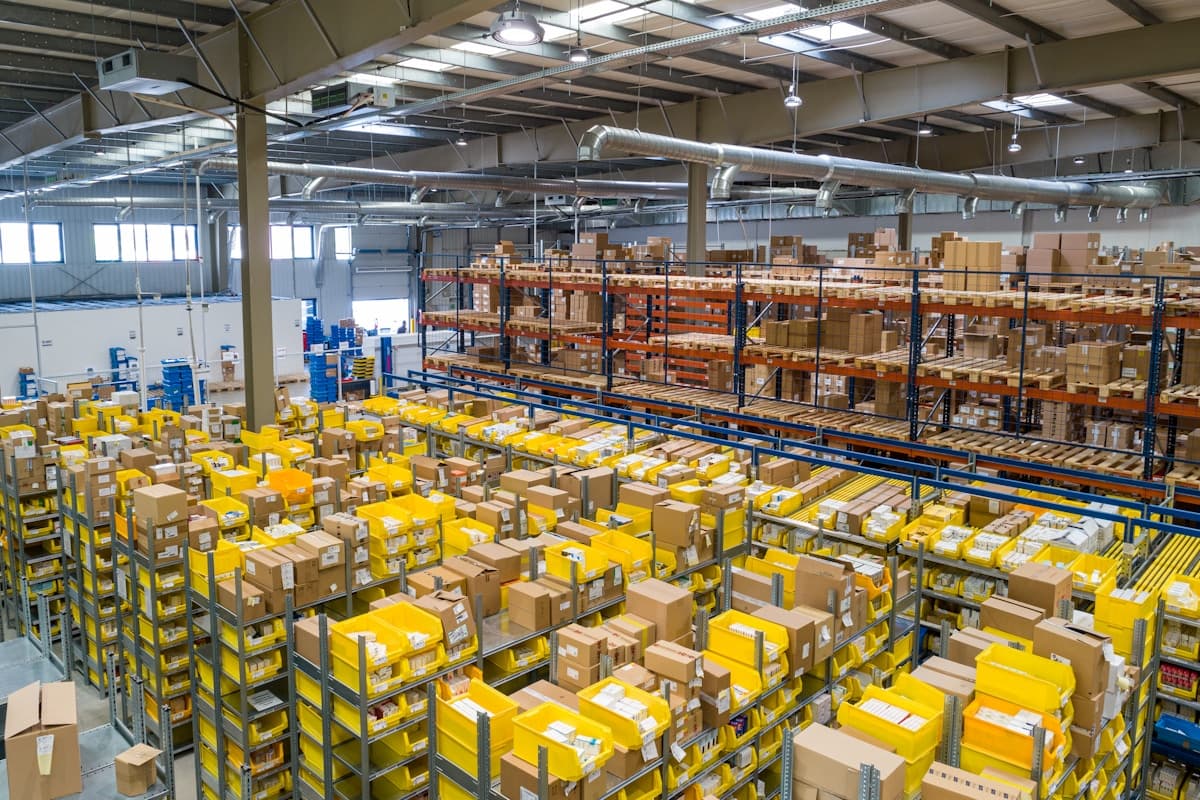 Freight logistics warehouse with packages ready for worldwide distribution